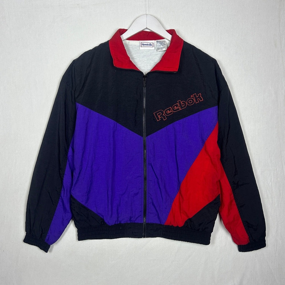 Vintage Reebok Windbreaker Jacket Mens Medium Colorblock Purple Black Red 90s
